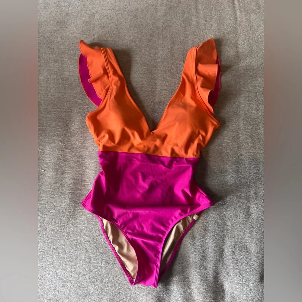 Summersalt Colorblock One-Piece Swimsuit – Orange & Pink Ruffle Sleeve | Size 4